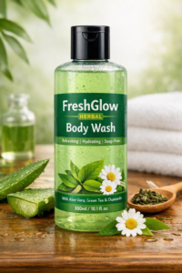 FreshGlow Herbal Body Wash in a transparent green bottle with a black flip-top cap, featuring aloe vera, green tea, and chamomile on the label, placed on a wooden surface with fresh herbs and flowers in the background.