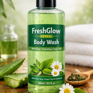 FreshGlow Herbal Body Wash in a transparent green bottle with a black flip-top cap, featuring aloe vera, green tea, and chamomile on the label, placed on a wooden surface with fresh herbs and flowers in the background.
